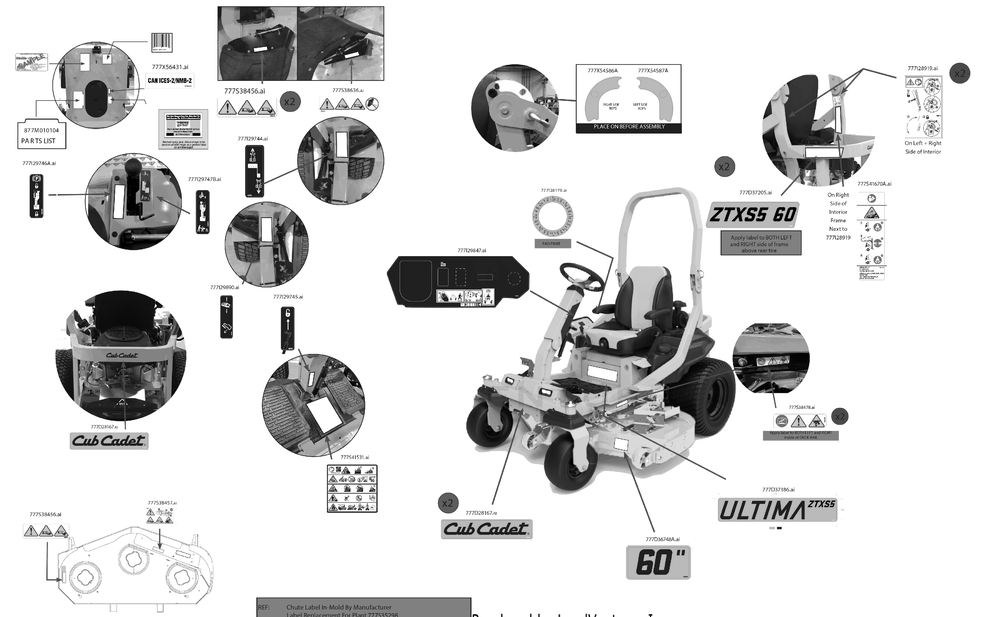 Label Map Diagram and Parts List for ZTXS5-60KW (47RKCAB8A10)(2023) Cub Cadet Lawn Tractor